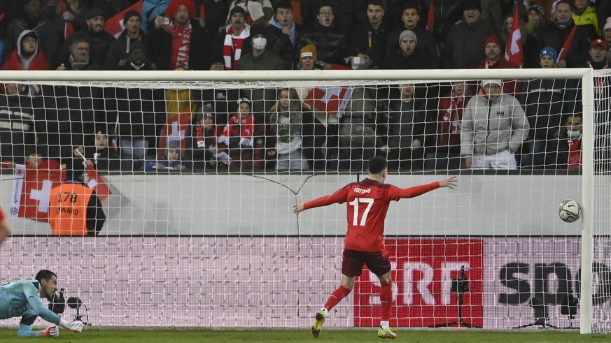 Switzerland&#039;s forward Noah Okafor, not pictured, shoots the ball on the goal post in front of Bulgaria&#039;s goalkeeper Ivan Karadzhov, left, during the 2022 FIFA World Cup European Qualifying G ...