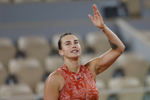 Aryna Sabalenka of Belarus celebrates after her second round match of the French Open tennis tournament against Japan&#039;s Moyuka Uchijima at the Roland Garros stadium in Paris, Thursday, May 30, 20 ...