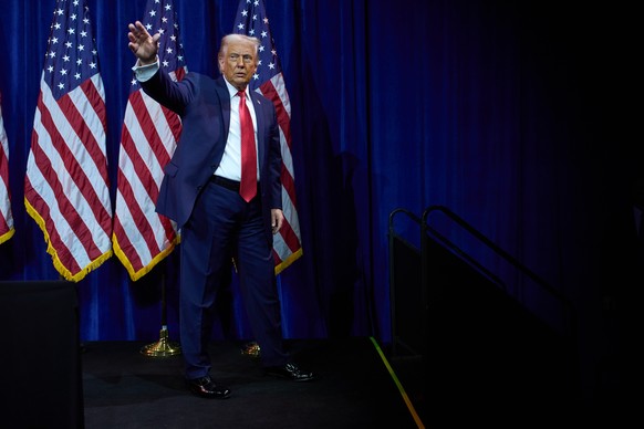 President Donald Trump waves as he walks off stage after speaking to House Republican lawmakers during their annual policy retreat, Tuesday, Jan. 6, 2026, in Washington. (AP Photo/Evan Vucci)
Donald T ...