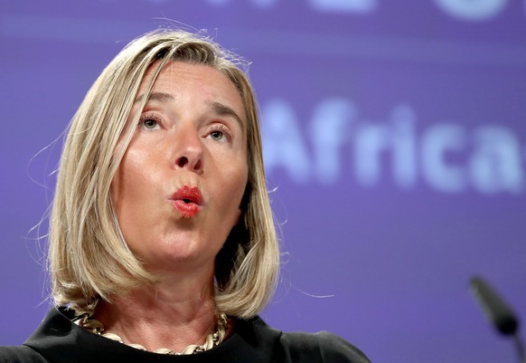 epa07019404 European Union Foreign Policy Chief Federica Mogherini gives a press conference on a new &#039;Africa-Europe Alliance&#039; for sustainable investment and jobs, and a more efficient financ ...