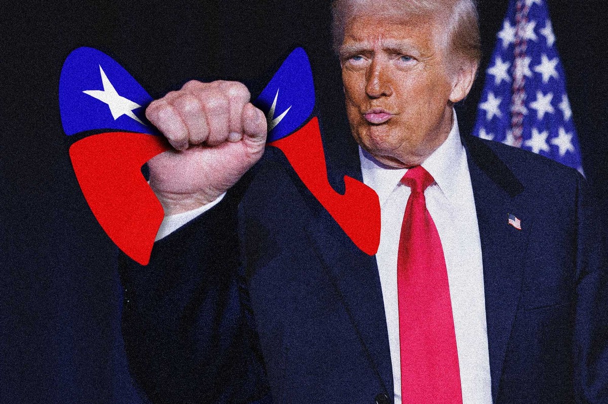 Trump erstickt seine eigene Partei. Bild zeigt US-Präsident Donald Trump wie er in seiner Faust den Elefanten auf dem Logo der G.O.P. zerdrückt