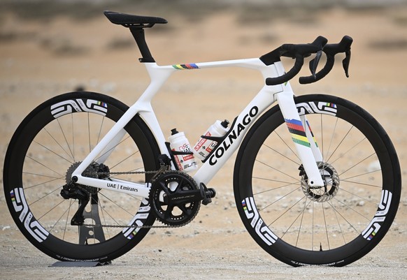 UAE Tour 2025 - Stage 1 ABU DHABI, UNITED ARAB EMIRATES - FEBRUARY 17 : The new Colnago Y1Rs roadbike of Pogacar Tadej SLO of UAE Team Emirates pictured during Stage 1 of the UAE Tour 2025 cycling rac ...