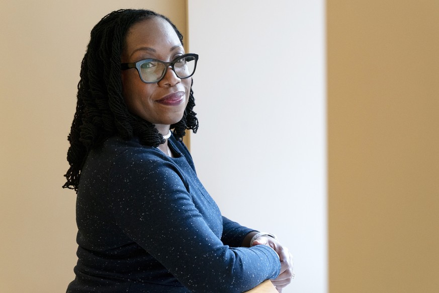 Judge Ketanji Brown Jackson, a U.S. Circuit Judge on the U.S. Court of Appeals for the District of Columbia Circuit, poses for a portrait, Friday, Feb., 18, 2022, in her office at the court in Washing ...