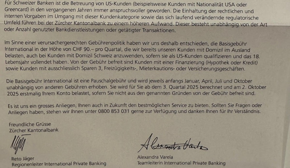 Mit diesem Schreiben verkündet die ZKB den Gebühren-Hammer für ihre US-Klientel in der Schweiz.
