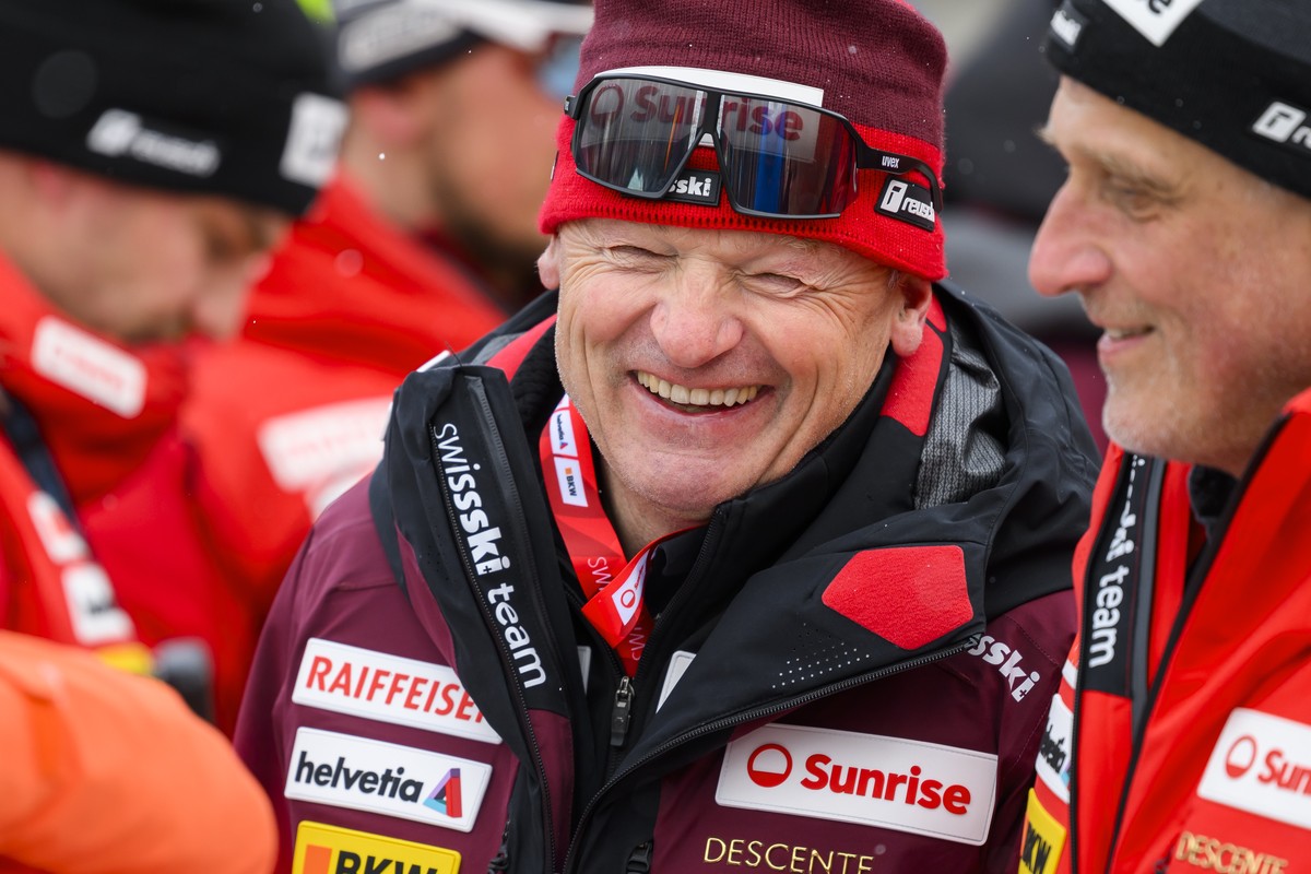 Hans Flatscher, Swiss-Ski Alpine director, smiles in the finish area during the FIS Alpine Skiing World Cup finals in Saalbach-Hinterglemm, Austria, Sunday, March 24, 2024. (KEYSTONE/Gian Ehrenzeller)