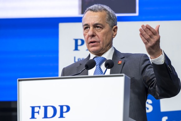 Le conseiller federal Ignazio Cassis, s'exprime, lors de l'assemblee des delegues du Parti liberal-radical, PLR FDP Suisse, ce samedi 31 janvier 2026 au Centre International de Conferences ( ...