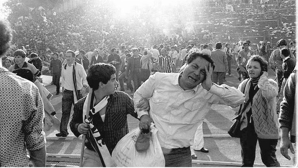 Picture taken 29 May 1985 in Brussels of the riots at the Heysel / Heizel football stadium during the European Cup final between English Liverpool and Italy&#039;s Juventus of Turin. The city of Bruss ...