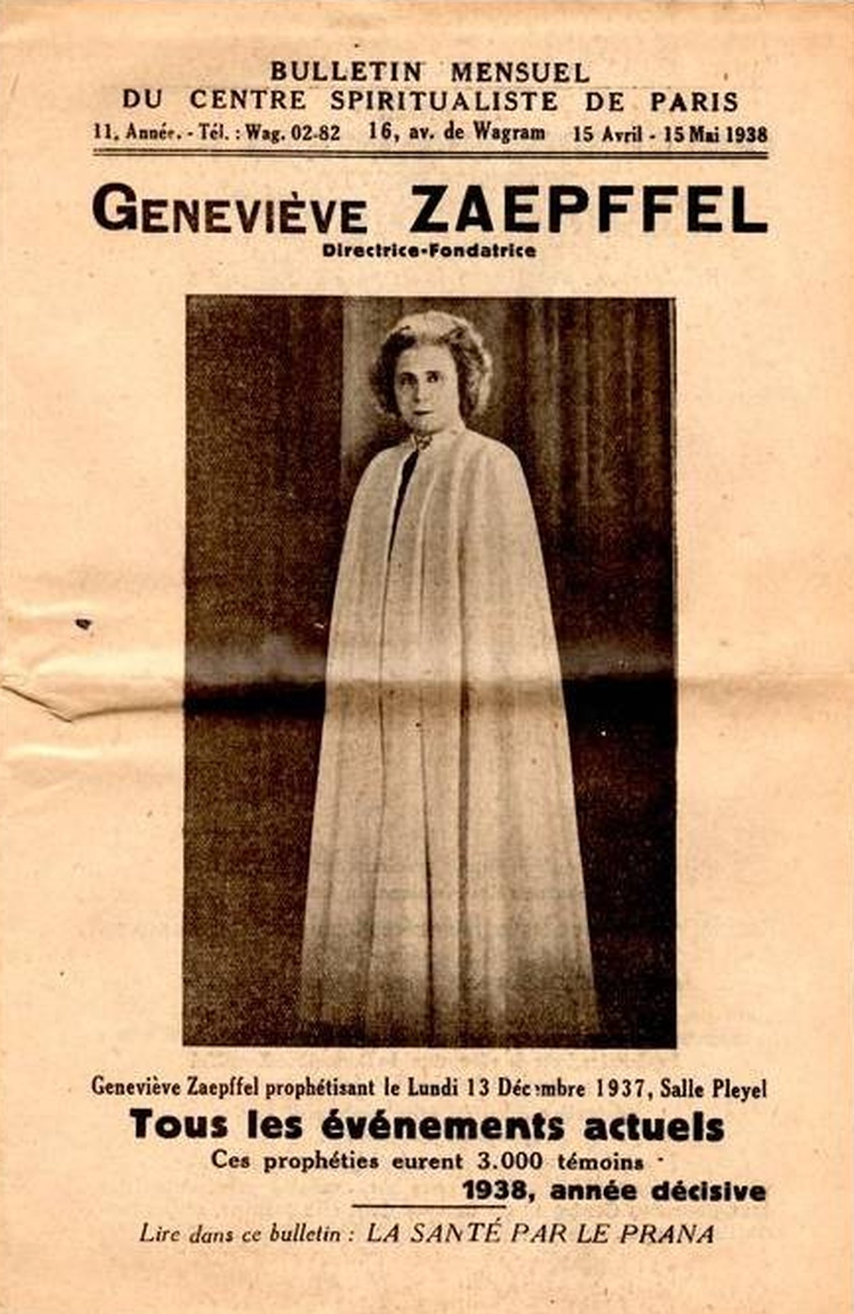 Un bulletin mensuel publié par le Centre spiritualiste de Paris fondé par Geneviève Zaepffel.