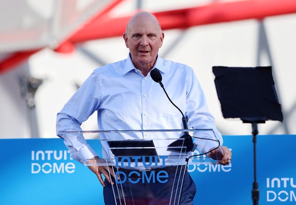 epa11551106 Owner of the Los Angeles Clippers of the National Basketball Association Steve Ballmer speaks during the Intuit Dome Grand Opening at the Intuit Dome in Inglewood, California, USA, 15 Augu ...