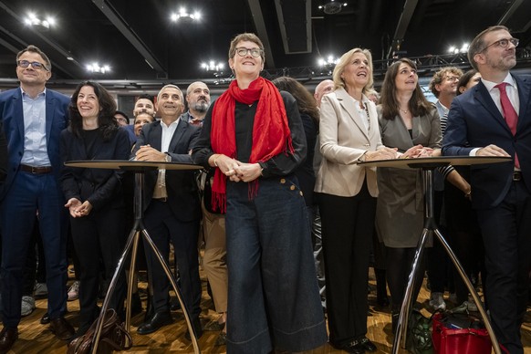 Regierungsrat Kaspar Sutter, Regierungsraetin Tanja Soland, Regierungsrat Mustafa Atici, Lisa Mathys, Praesidentin der SP Basel-Stadt, Patricia von Falkenstein, Praesidentin der LPD, Regierungsraetin  ...