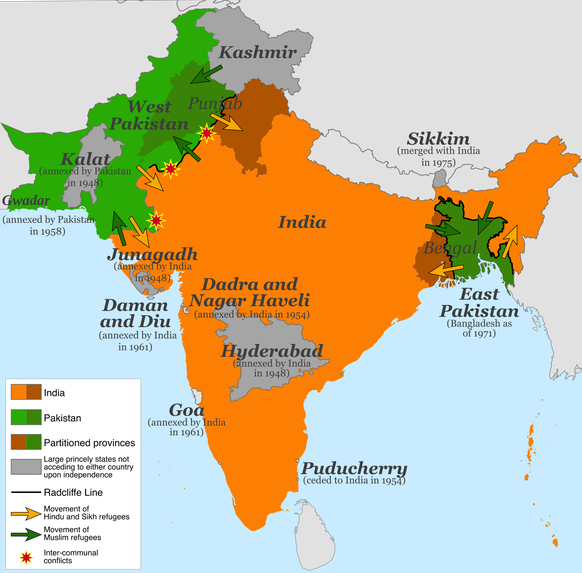 Depiction of the partition of India with refugee movements and the areas where riots took place.  Partition of India in 1947