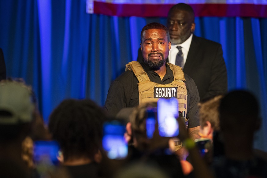 Kanye West makes his first presidential campaign appearance, Sunday, July 19, 2020 in North Charleston, S.C. Rapper Kanye West, in his first event since declaring himself a presidential candidate, del ...