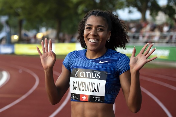 Switzerland&#039;s Mujinga Kambundji, reacts after winning the women&#039;s 100m race, at the Citius Meeting in the Athletics facility Wankdorf in Bern, Switzerland, Saturday, August 3, 2019. (KEYSTON ...