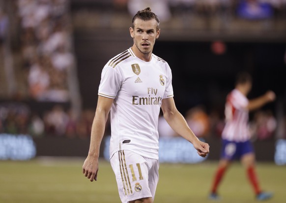 Real Madrid&#039;s Gareth Bale reacts during the second half of a soccer match against Atletico Madrid Friday, July 26, 2019, in East Rutherford, N.J. (AP Photo/Frank Franklin II)