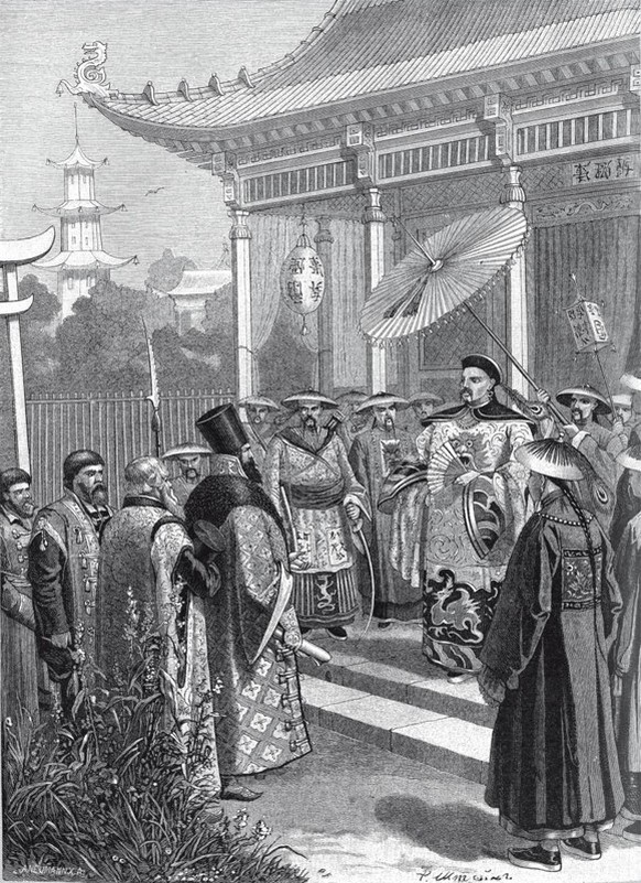 Russian ambassadors in China in the 17th century. Illustration of Niva (Niva, 19th century).
https://en.wikipedia.org/wiki/History_of_Sino-Russian_relations#/media/File:Russian_ambassadors_in_China.jp ...