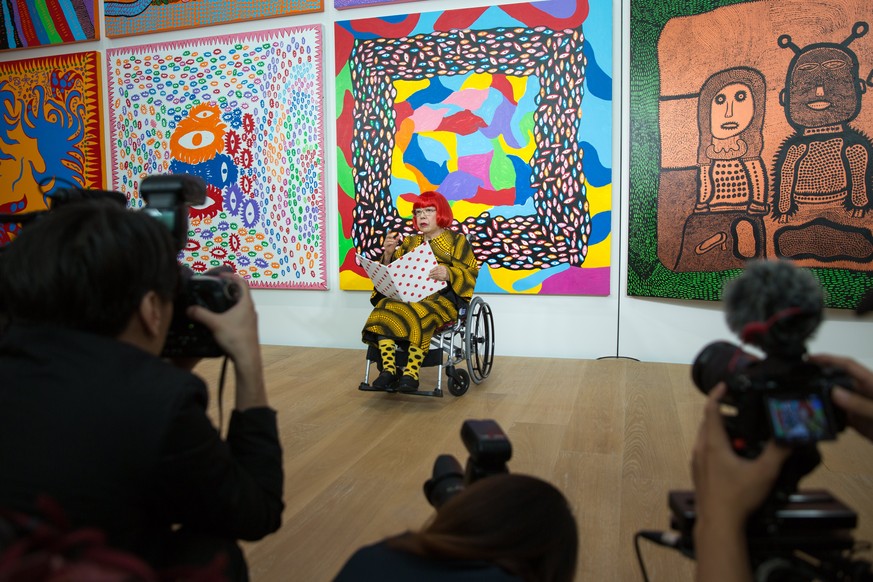 epa06227393 Japanese artist Yayoi Kusama attends a media preview of the Yayoi Kusama Museum and her latest works in Tokyo, Japan, 26 September 2017. The museum&#039;s key mission is to be welcoming, e ...