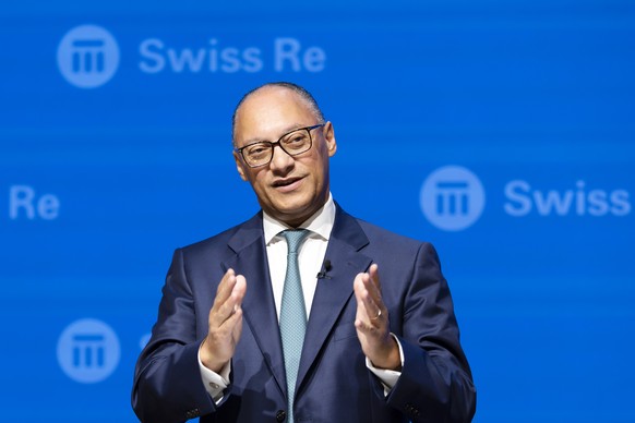 Swiss Re CEO Andreas Berger prepares himself before presenting the half-year results in a online presentation, on Thursday, August 22, 2024 in Zurich, Switzerland. (KEYSTONE/Michael Buholzer)