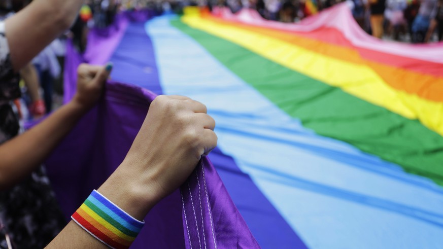 Revelers at the annual gay pride parade hold up a giant rainbow flag in Sao Paulo, Brazil, Sunday, June 3, 2018. This year the parade focused on the general elections scheduled for October, with the t ...