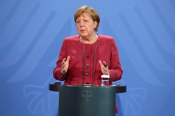 epa09218305 German Chancellor Angela Merkel (CDU) speaks after participating in the Global Health Summit in Berlin, Germany, 21 May 2021. The summit, held in Rome and online amidst the ongoing coronav ...