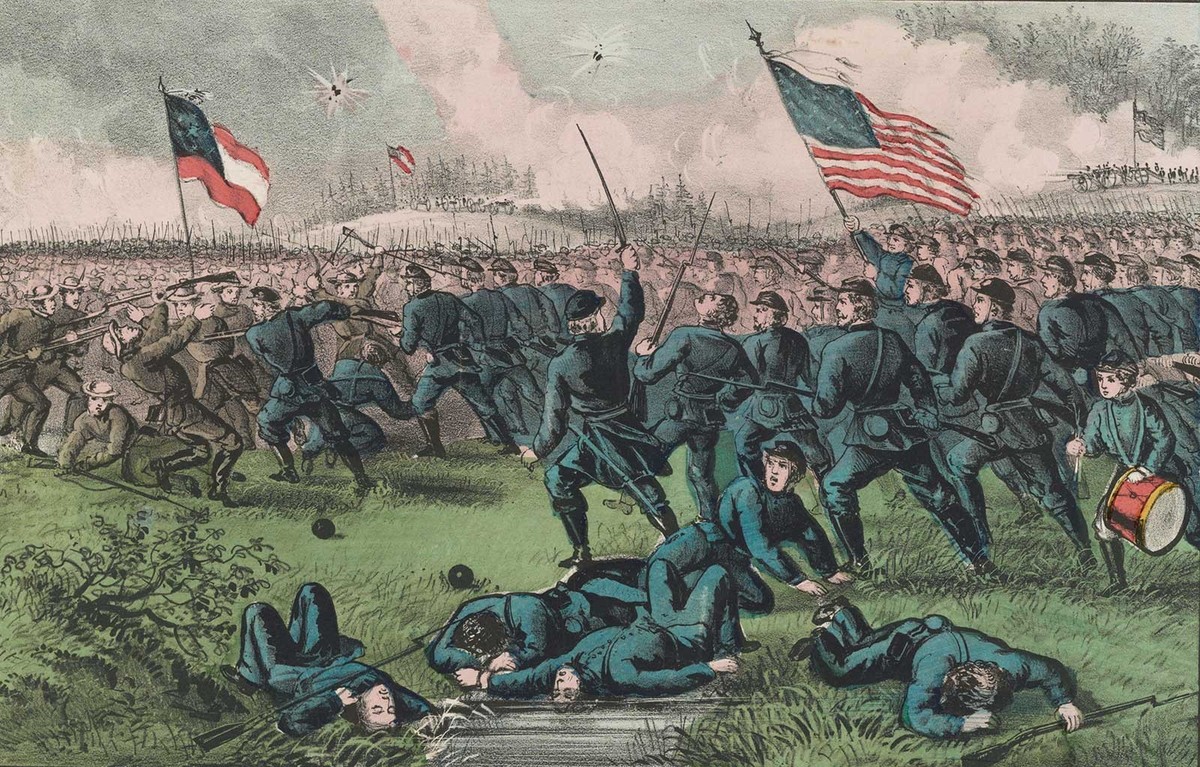 Die Truppen der Union (Nordstaaten) kämpfen gegen die Konföderierten (Südstaaten), Schlacht um Corinth, 4. Oktober 1862, im Amerikanischen Bürgerkrieg.
https://www.loc.gov/item/90709052/