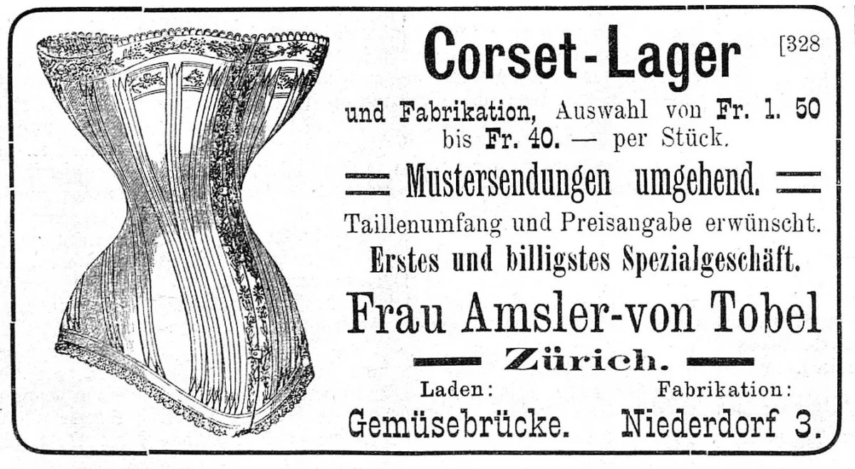 Werbeanzeige für Korsette in der Schweizer Frauen-Zeitung, Oktober 1888.
https://www.e-periodica.ch/digbib/view?pid=sfz-001%3A1888%3A10%3A%3A166