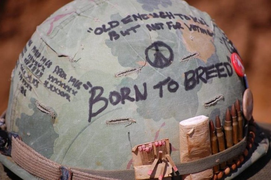 Vietnam Helmet “Born to Breed”. Photo: Lemsipmatt CC BY 2.0 
https://www.warhistoryonline.com/wp-content/uploads/sites/64/2019/05/vietnam-helmet-photo-by-lemsipmatt-cc-by-2-0-726x483.jpg