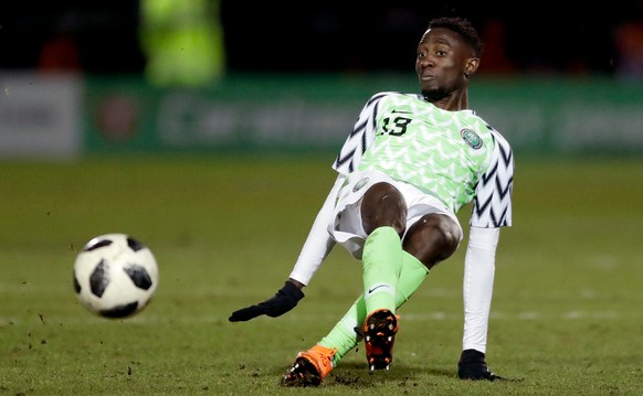 In this photo taken on Tuesday, March 27, 2018, Nigeria&#039;s Wilfred Ndidi goes for the ball during the international friendly soccer match between Serbia and Nigeria at The Hive Stadium in London.  ...