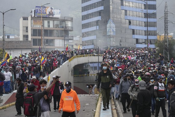 Demonstrators protest against the government of President Guillermo Lasso in Quito, Ecuador, Tuesday, June 21, 2022. (AP Photo/Dolores Ochoa)