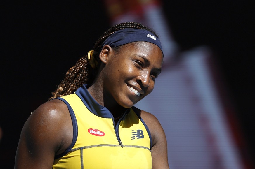 epa11097649 Coco Gauff of the USA smiles after the women&#039;s singles quarterfinals against Marta Kostyuk of Ukraine at the Australian Open tennis tournament in Melbourne, Australia, 23 January 2024 ...