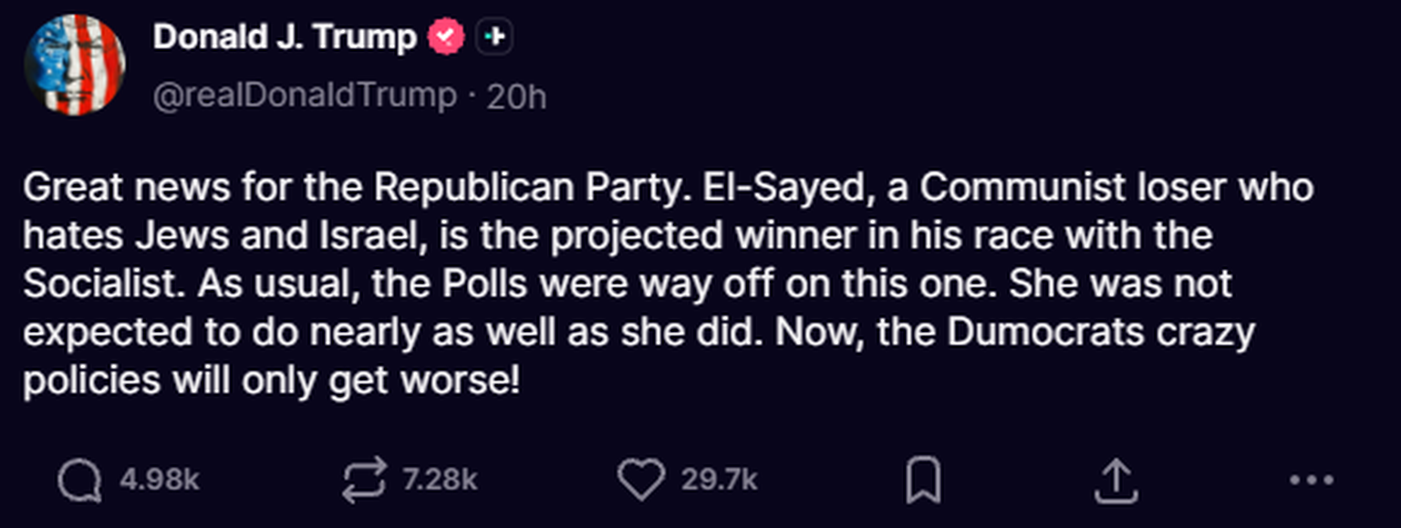 Donald Trump wütet über den Sieg von Abdul El-Sayed bei den Vorwahlen in Michigan.