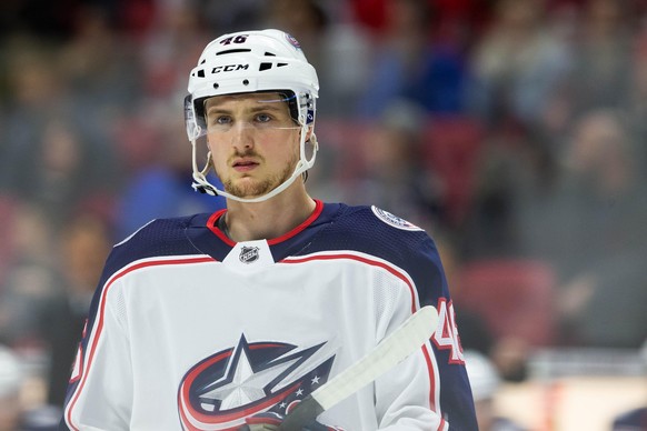 December 14, 2019: Columbus Blue Jackets defenseman Dean Kukan 46 during the NHL, Eishockey Herren, USA game between the Columbus Blue Jackets and Ottawa Senators at Canadian Tire Centre in Ottawa, Ca ...