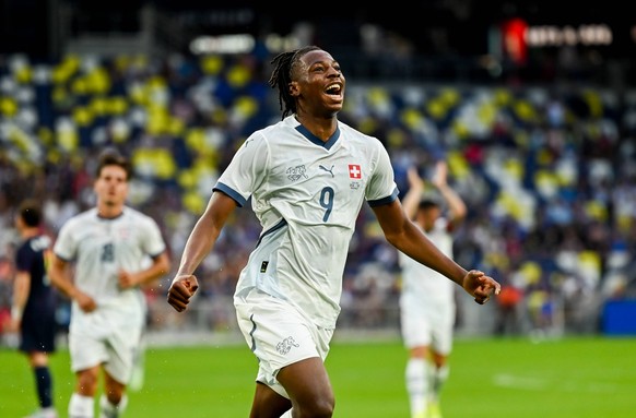 Nashville, USA, June 10th 2025: Johan Manzambi 9 Switzerland celebrates his goal during the International Friendly, L