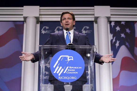 Florida Governor Ron DeSantis speaks at an annual leadership meeting of the Republican Jewish Coalition on Saturday, November 19, 2022 in Las Vegas.  (AP Photo/John Locher)