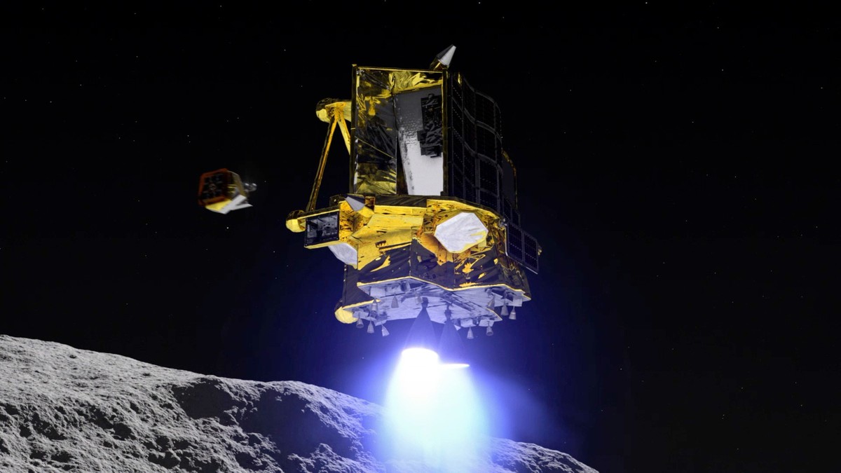 epa11090464 An undated handout image made available by the Japan Aerospace Exploration Agency (JAXA) on 20 January 2024 shows an artist illustration of the SLIM (Smart Lander for Investigating Moon) l ...