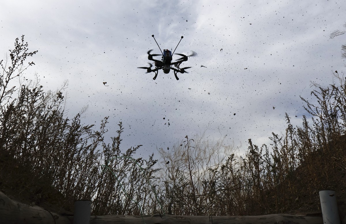 epa12440288 A handout photo made available by press service of the 65th Separate Mechanised Brigade of Ukrainian Armed Forces shows the interceptor drone launched by an air defense crew from their pos ...