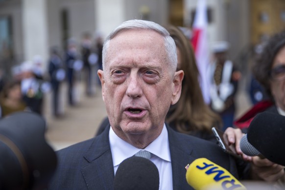 epa07163675 US Secretary of Defense Jim Mattis speaks to the news media before welcoming Poland Minister of National Defense Mariusz Blaszczak, during an Enhanced Honor Cordon before a meeting at the  ...