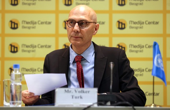 epa12123332 UN High Commissioner for Human Rights Volker Tuerk attends a press conference in Belgrade, Serbia, 21 May 2025. The UN Commissioner is on an official visit to Serbia to meet with key polit ...