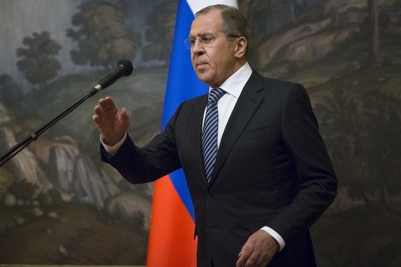 Russian Foreign Minister Sergey Lavrov prepares to speak to the media in Moscow, Russia, Thursday, March 29, 2018. Russia&#039;s foreign minister says Moscow will expel the same number of diplomats fr ...