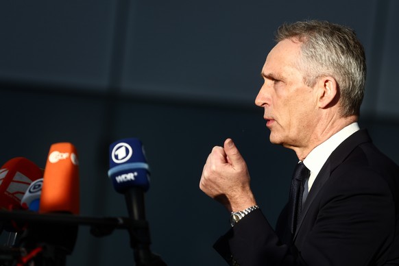 epa10466161 NATO Secretary General Jens Stoltenberg speaks to members of the media ahead of a NATO Defense Ministers&#039; meeting at the alliance headquarters in Brussels, Belgium, 14 February 2023.  ...