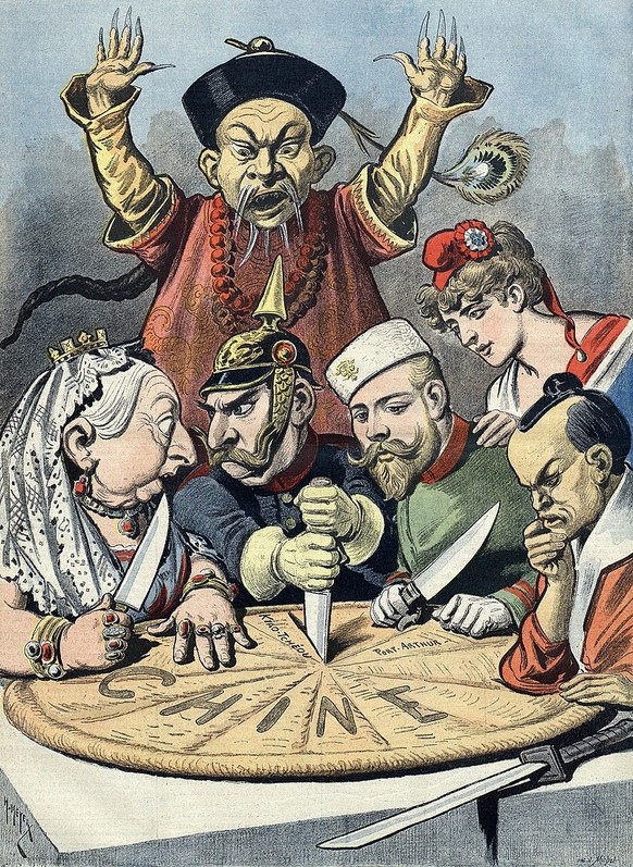 Zeitgenössische Karikatur in Le Petit Journal (1898), die die Rivalität der Großmächte in China darstellt: von links nach rechts Großbritannien (Victoria), Deutsches Reich (Wilhelm II.), Russland (Nik ...