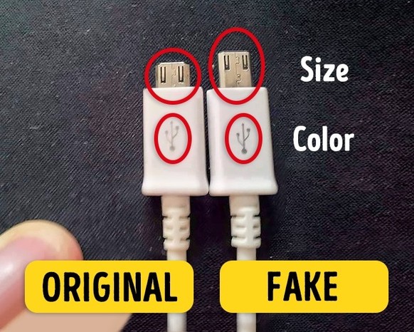 Ein besonders auffälliger Fake: Der Stecker der Kopie ist zu lang. Das Kabel wird daher nur lose im Gerät stecken.