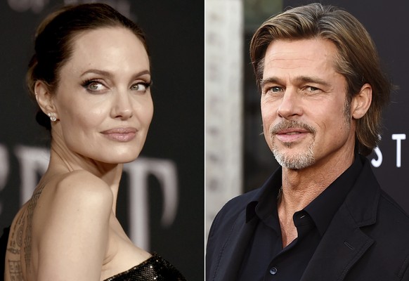 This combination photo shows Angelina Jolie at a premiere in Los Angeles on Sept. 30, 2019, left, and Brad Pitt at a special screening on Sept. 18, 2019. Jolie criticized a judge deciding on custody a ...