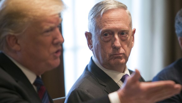 epa07242842 (FILE) - uS Secretary of Defense James Mattis (r) listens to US President Donald J. Trump (L) speaking during a luncheon with the Baltic States Heads of Government at The White House in Wa ...