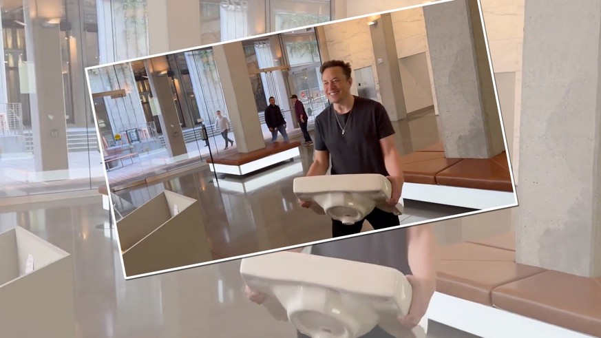 Elon Musk marschier mit einem Lavabo ins Twitter-Hauptquartier