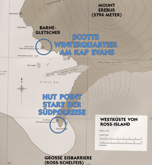 Auf der Ross-Insel angekommen, bauten die Männer im Januar 1911 ihre Terra-Nova-Hütte am Kap Evans. Im Sommer sollten sie dann die Depots auf der Route zum Südpol anlegen, damit für die eigentliche Re ...