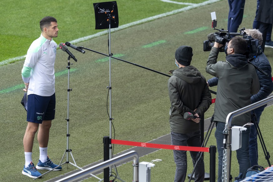 Switzerland&#039;s Granit Xhaka during a training session the day before the UEFA Nations League group D soccer match between Switzerland and Spain at the St. Jakob-Park stadium in Basel, Switzerland, ...