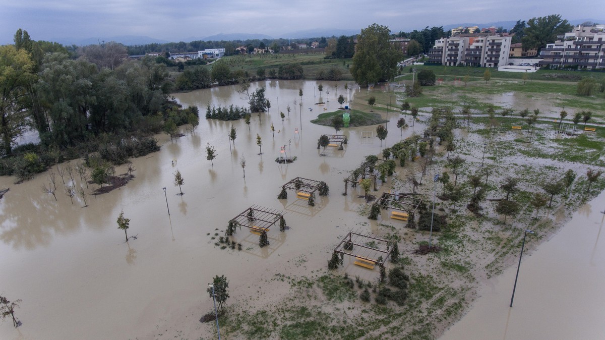 epa11670583 A view of the Castenaso park near the completely flooded Idice river, Castenaso, northern Italy, 20 October 2024. A wave of bad weather hit Italy on 19 October prompting bad weather alerts ...