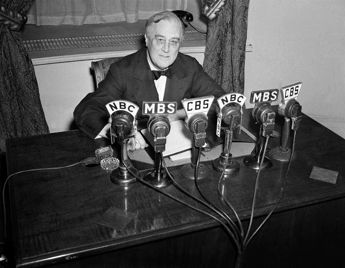FILE - President Franklin D. Roosevelt speaks on the radio from the Oval Room of the White House, Feb. 27, 1941. (AP Photo/Henry Griffin, File)
President Franklin D. Roosevelt
