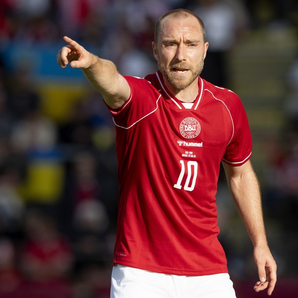 epa13023330 Denmark's Christian Eriksen reacts during the international soccer friendly match Denmark against Ukraine at Odense Stadium, in Odense, Denmark, 07 June 2026. EPA/Bo Amstrup DENMARK O ...