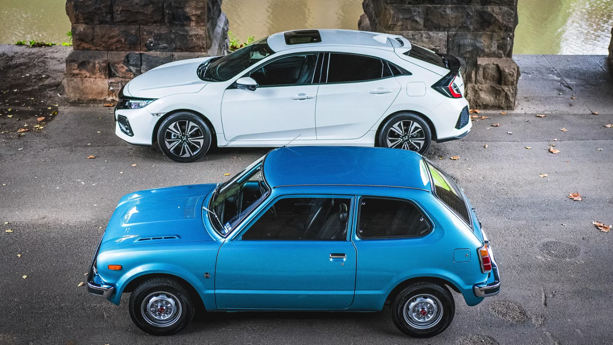 Honda Civic 1973 vs 2023. 
https://www.drive.com.au/caradvice/behind-the-wheel-of-the-first-generation-honda-civic/